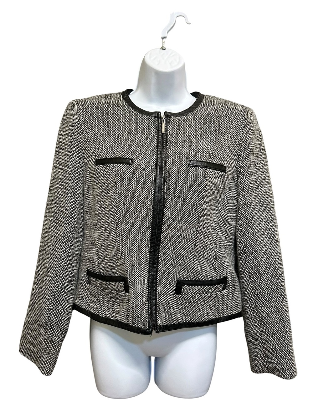 J Michaels Tweed Faux Leather Trim Zip Front Blazer Size 8